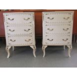 A pair of modern cream painted bowfront, three drawer bedside chests, raised on cabriole legs  29"h