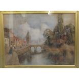 L Baileigh Bruhl - a village view from a canal with a bridge  watercolour  bears a signature  19"