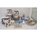 Decorative ceramics: to include a wrought iron trivet set with a Minton pottery tile  7"h  6"sq; and
