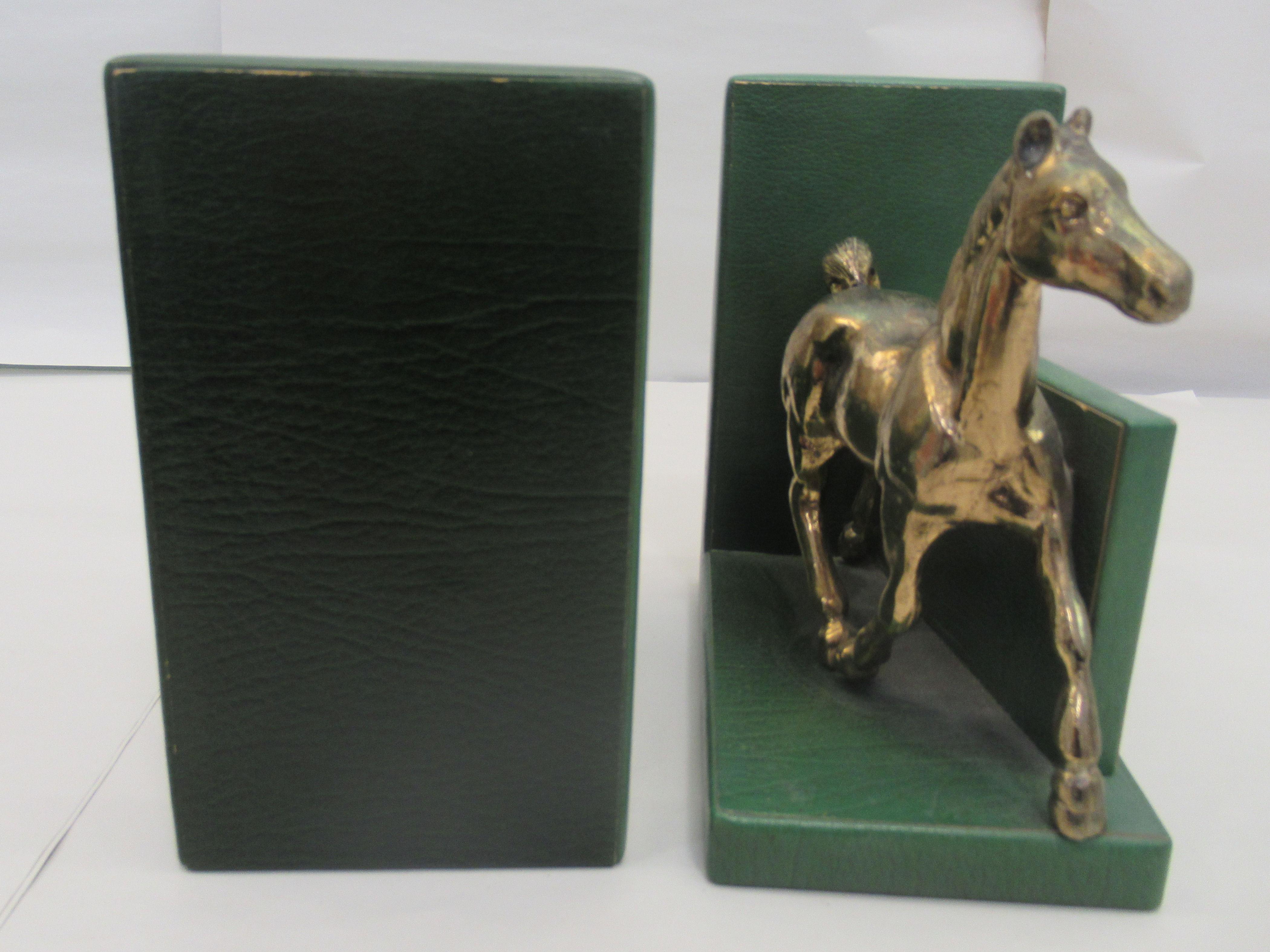 A pair of modern green hide covered bookends, surmounted by trotting brass horses  7"h  6.75"w - Image 2 of 5