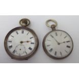 Two early 20thC silver cased pocket watches, each faced by an enamelled Roman dial  mixed marks
