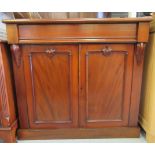A late Victorian satinwood inlaid mahogany chiffonier with a frieze drawer, over two panelled doors,