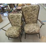 An Ercol dark stained beech and elm framed high spindled back, open arm chair; and a matching