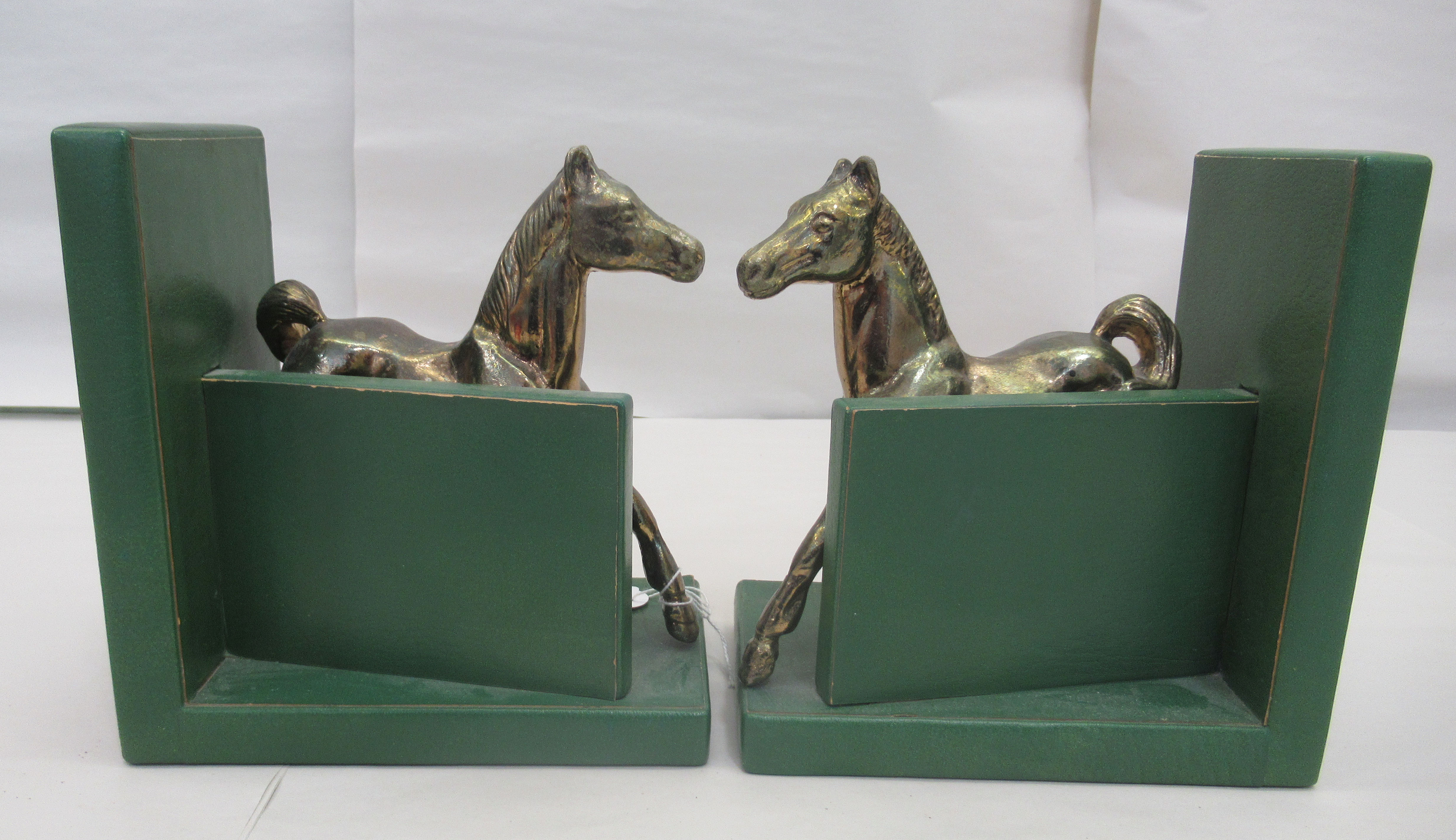 A pair of modern green hide covered bookends, surmounted by trotting brass horses  7"h  6.75"w - Image 3 of 5