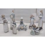 Seven Lladro porcelain figures: to include a young woman, carrying a lamb  11"h
