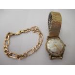 A yellow metal curb link bracelet  stamped 10k; and a Gruen gold plated manual wristwatch, faced