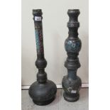 A 19thC Chinese cast and part patinated, enamelled bronze, two-part pipe of multi-knopped and