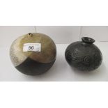 Two studio pottery spherical vases, one black with incised ornament  4"dia, the other, a part