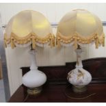 A pair of modern opaque glass table lamps with overpainted gilt, floral decoration  20"h with gold