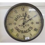 A mid/late 19thC wall clock; the single fusee movement faced by a Roman dial, branded 'Holliss