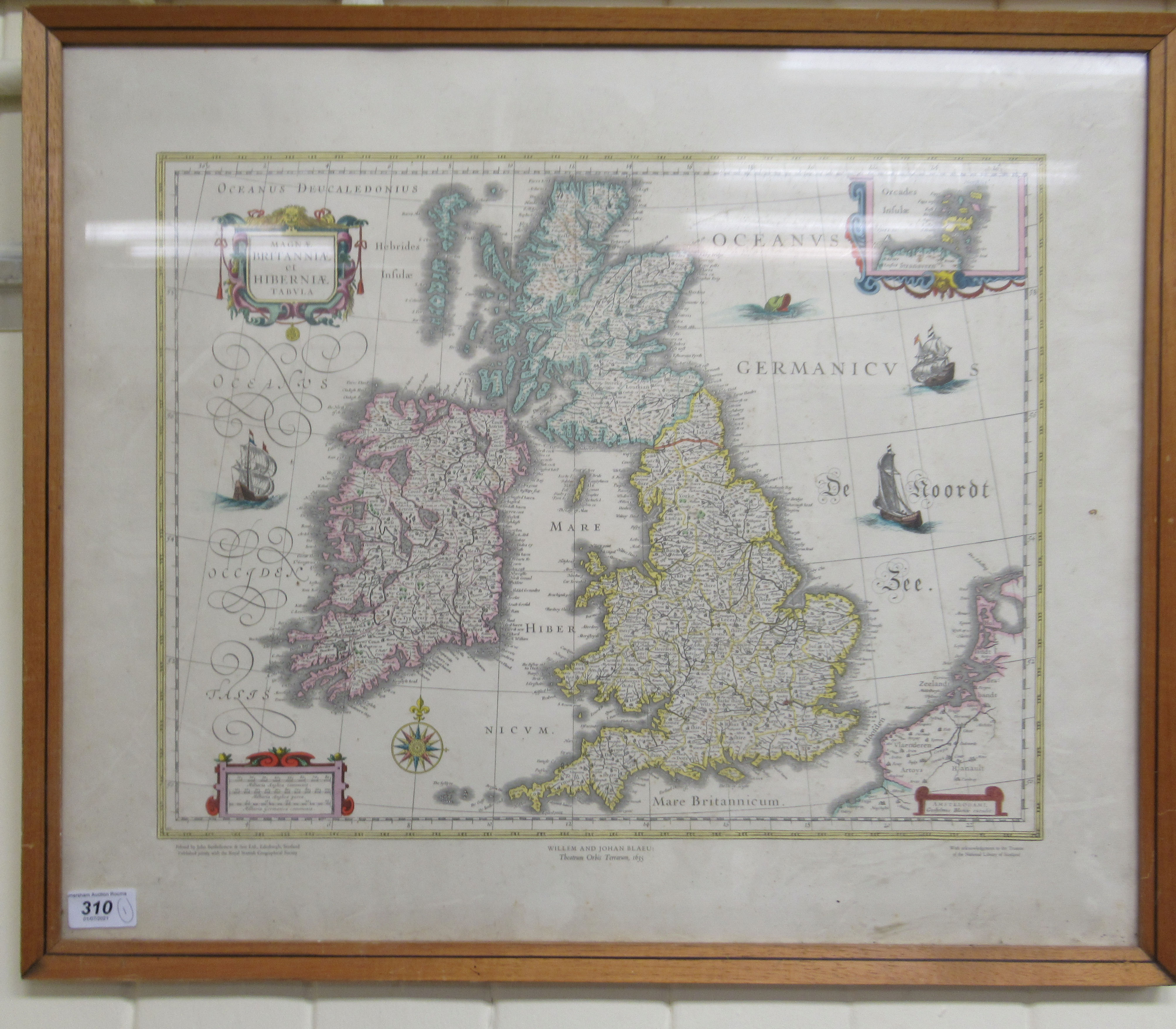 A reproduction print of an early 17thC Willem and Johan Blaeu  coloured map 'Magnae Britanniae et