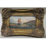 Polar - naval and other ships entering an estuary  oil on board  bears a signature  14" x 7"  framed