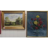 Two framed works by Alison M Dickens - a summer landscape  oil on board  15" x 10"; a still life