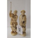 Two similar early 20thC Japanese carved ivory figures, a fisherman  6.5"h; and a man standing beside