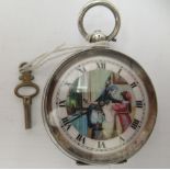 A white metal cased pocket watch, decorated with an erotic scene and Roman dial  stamped 0,935