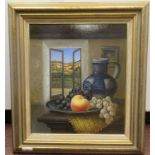 Brain Davies - a still life study, soft fruit in a dish, beside a jug, on a table by an open window