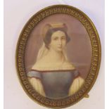 A 19thC framed, oval, half-length head and shoulders portrait miniature, a young woman wearing a