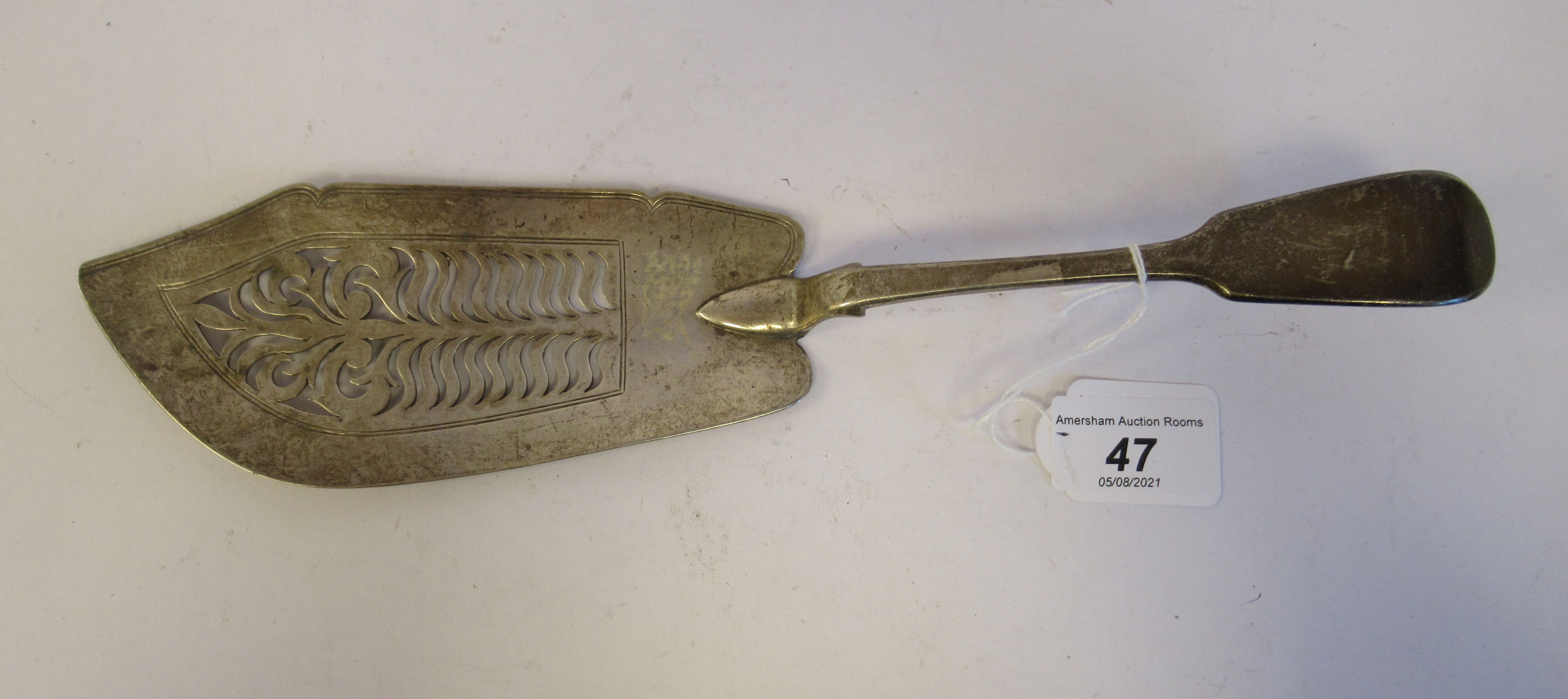 An early Victorian silver fiddle pattern fish slice with a line engraved and decoratively pierced, - Image 2 of 4