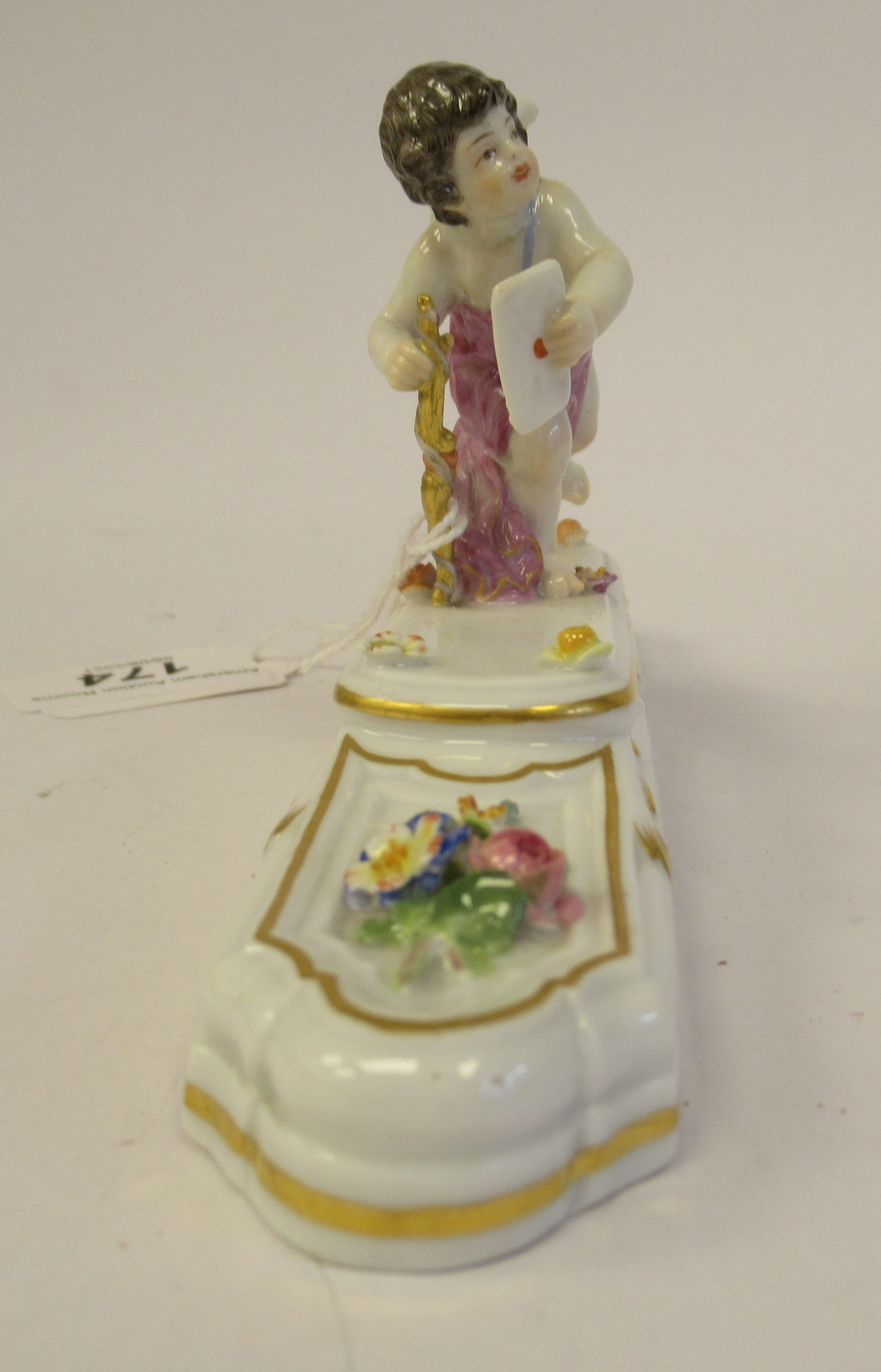 A 20thC Meissen gilded porcelain paperweight, featuring a standing cherubic figure with a staff, - Image 4 of 5