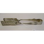 A pair of Edwardian silver Kings pattern asparagus servers with decorative pierced and scroll