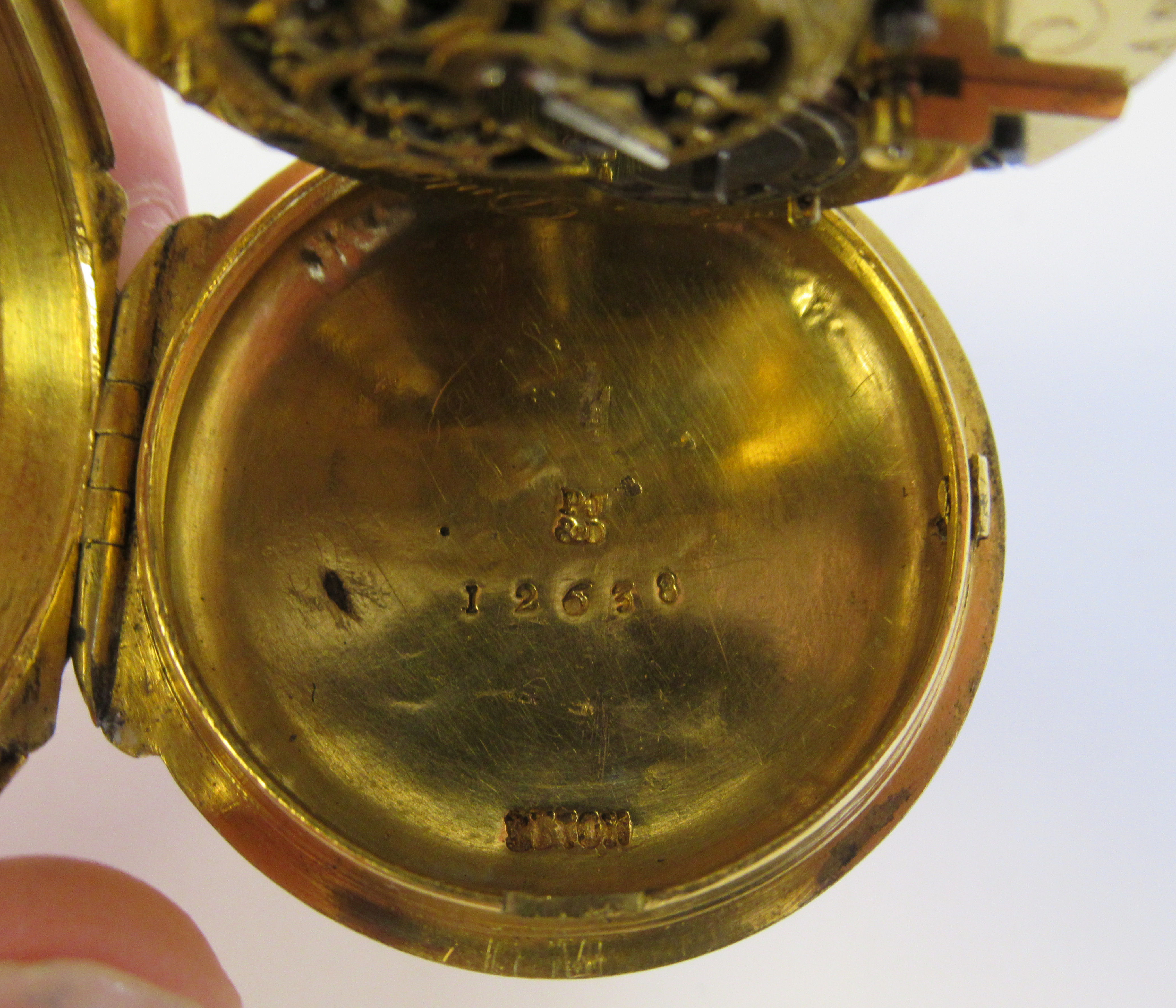 A lady's 19thC French gilt metal cased pocket watch with cast and engine turned decoration and a - Image 4 of 5