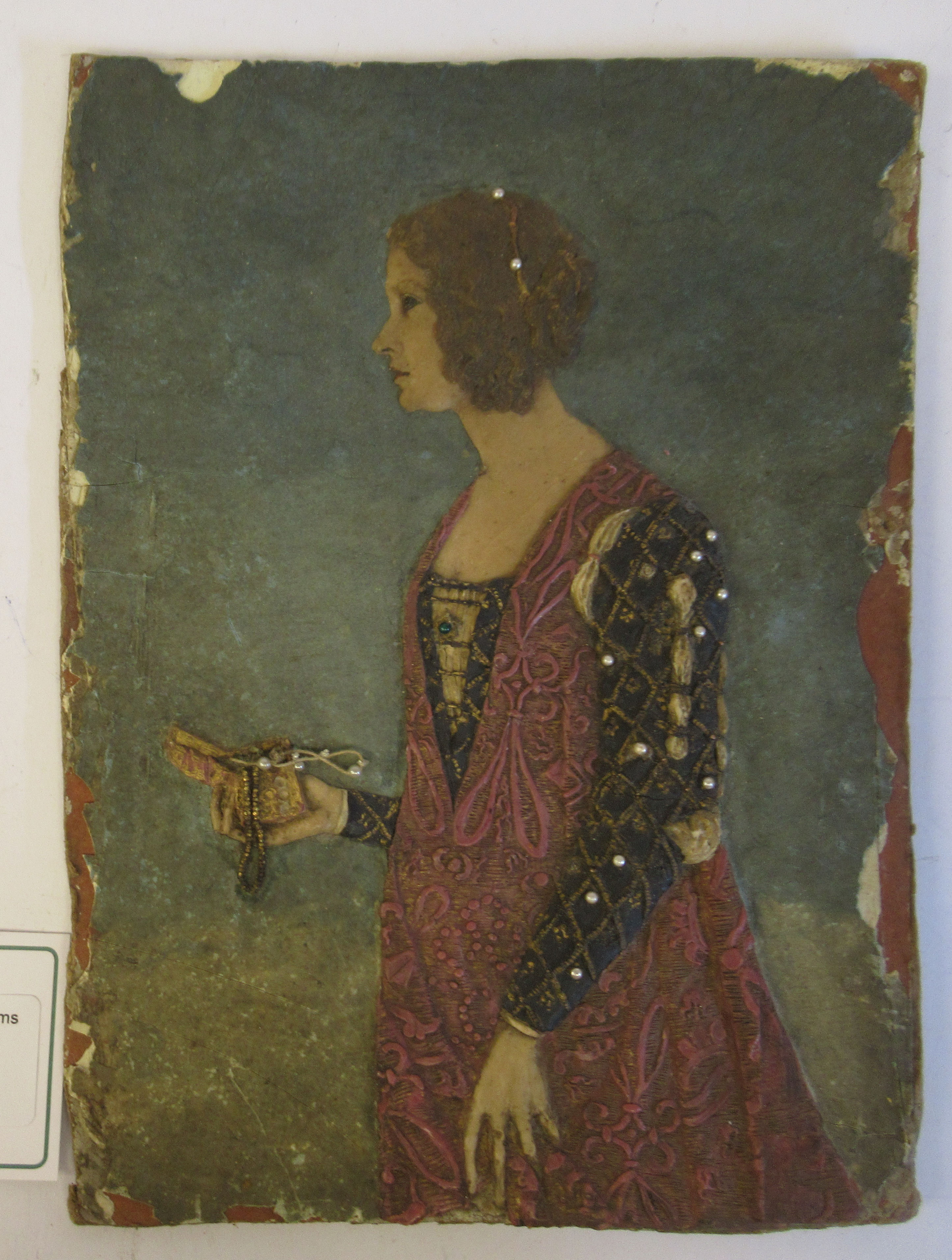 A late 19th/early 20thC three-quarter length profile study, depicting a young woman wearing Medieval