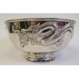 A Luen Wo Chinese silver bowl, having an applied wire border, decorated in high relief with two