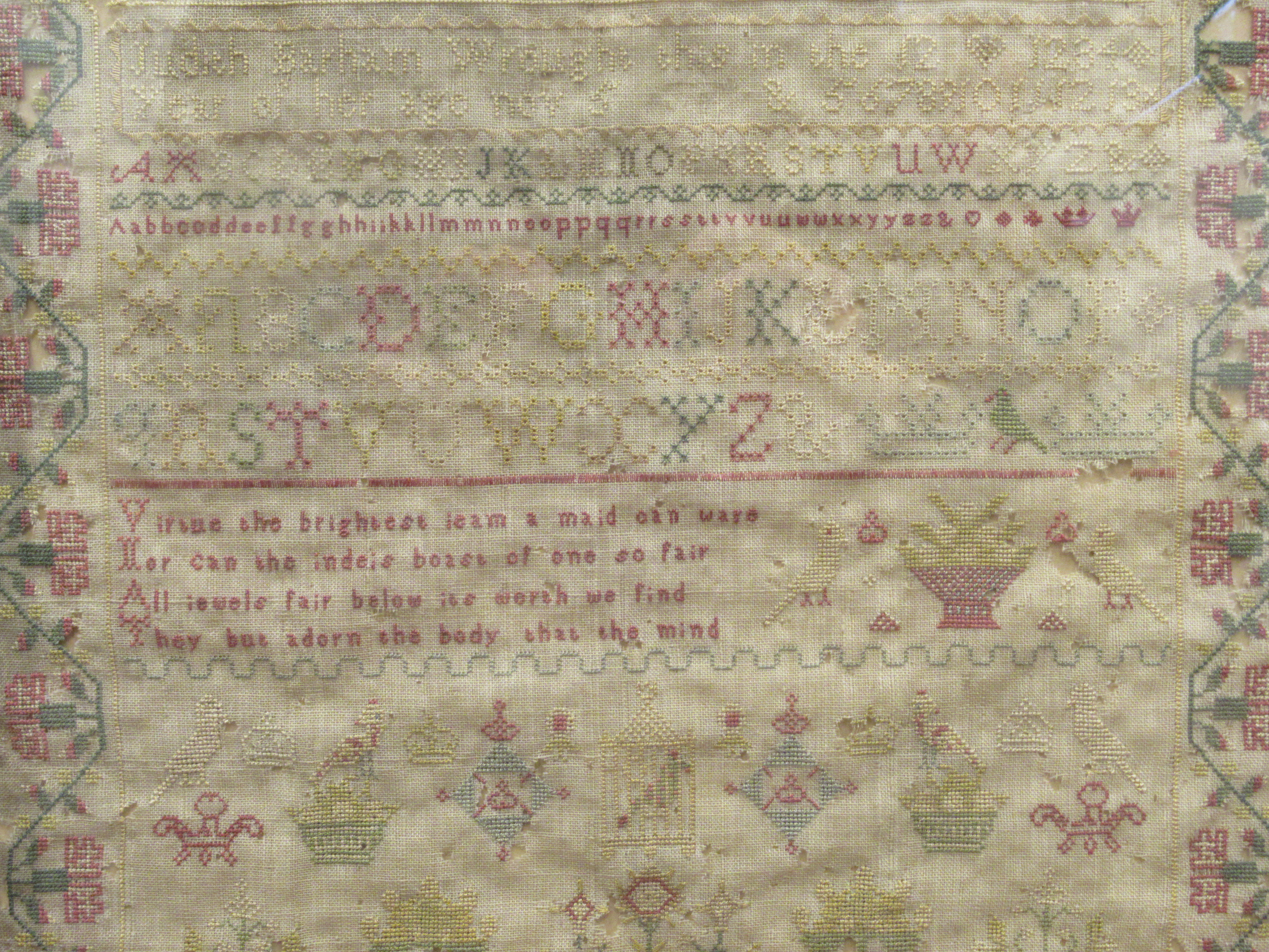 An early 19thC needlework sampler, the work of one Judith Barham, aged 12, featuring four lines of - Image 4 of 4