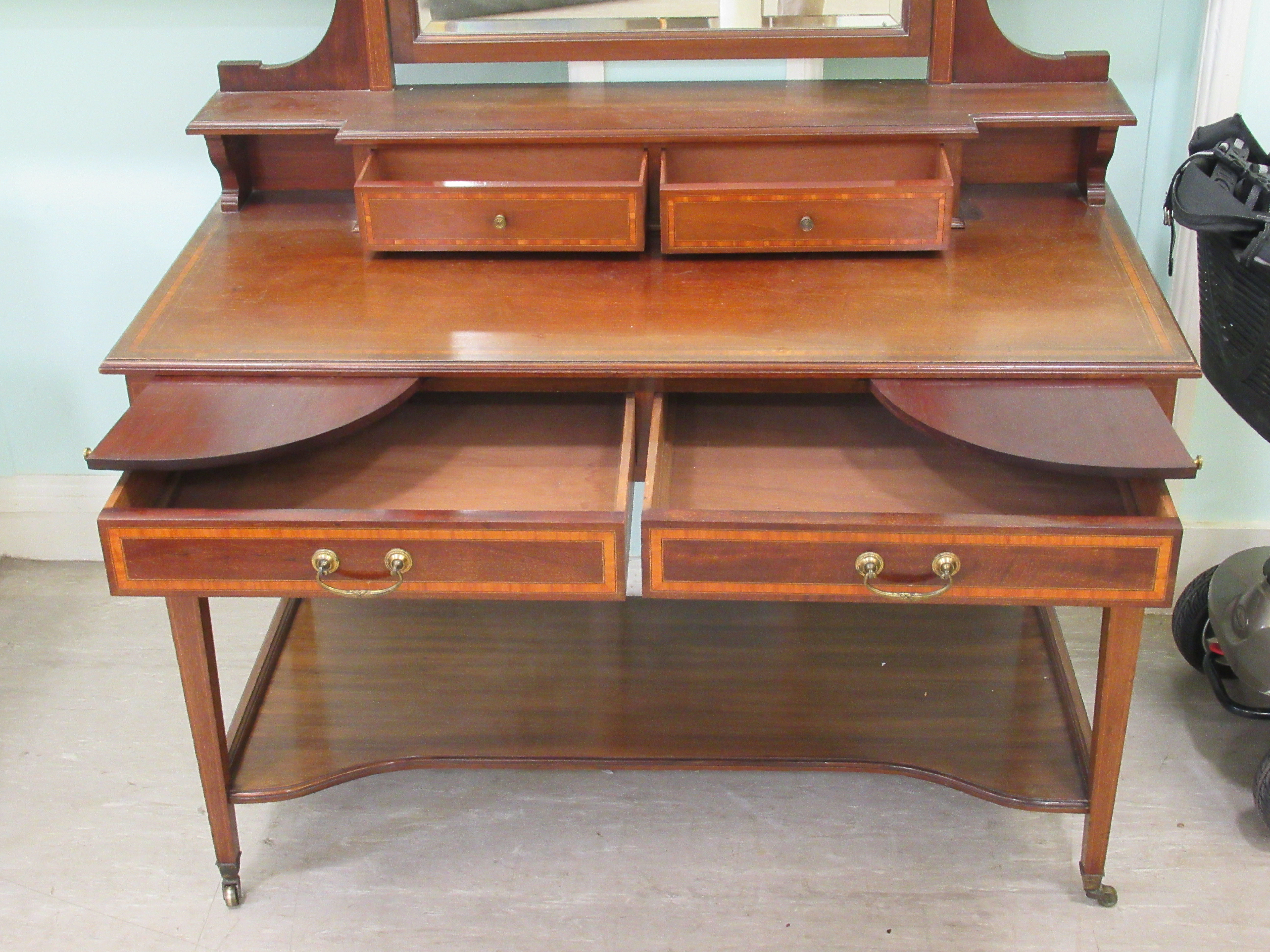 An Edwardian Maple & Co string inlaid ebony and crossbanded mahogany dressing table, surmounted by a - Image 8 of 9