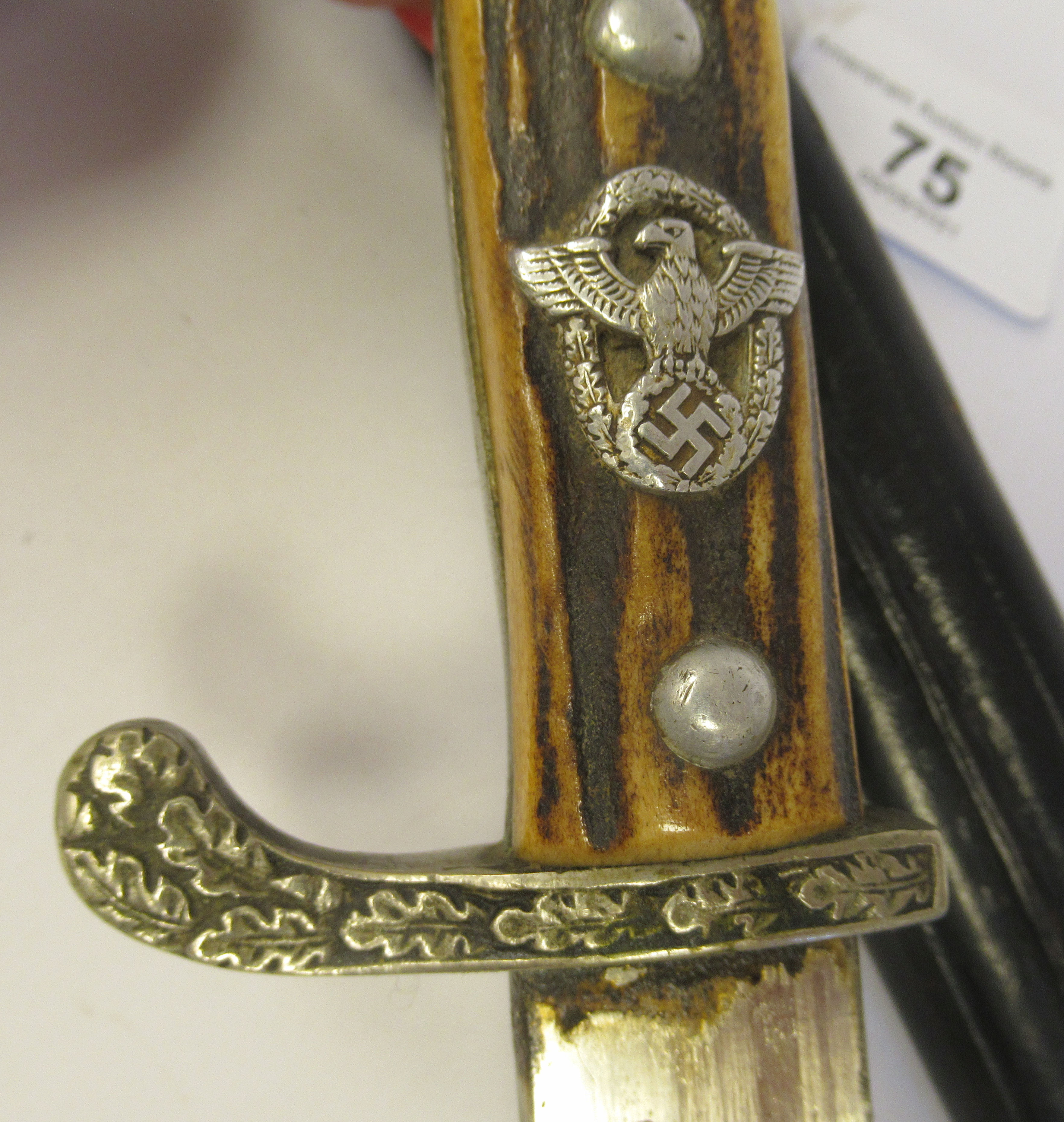 A German Third Reich police bayonet with an eagle's head pommel, over a rough-cut stag horn - Image 6 of 6