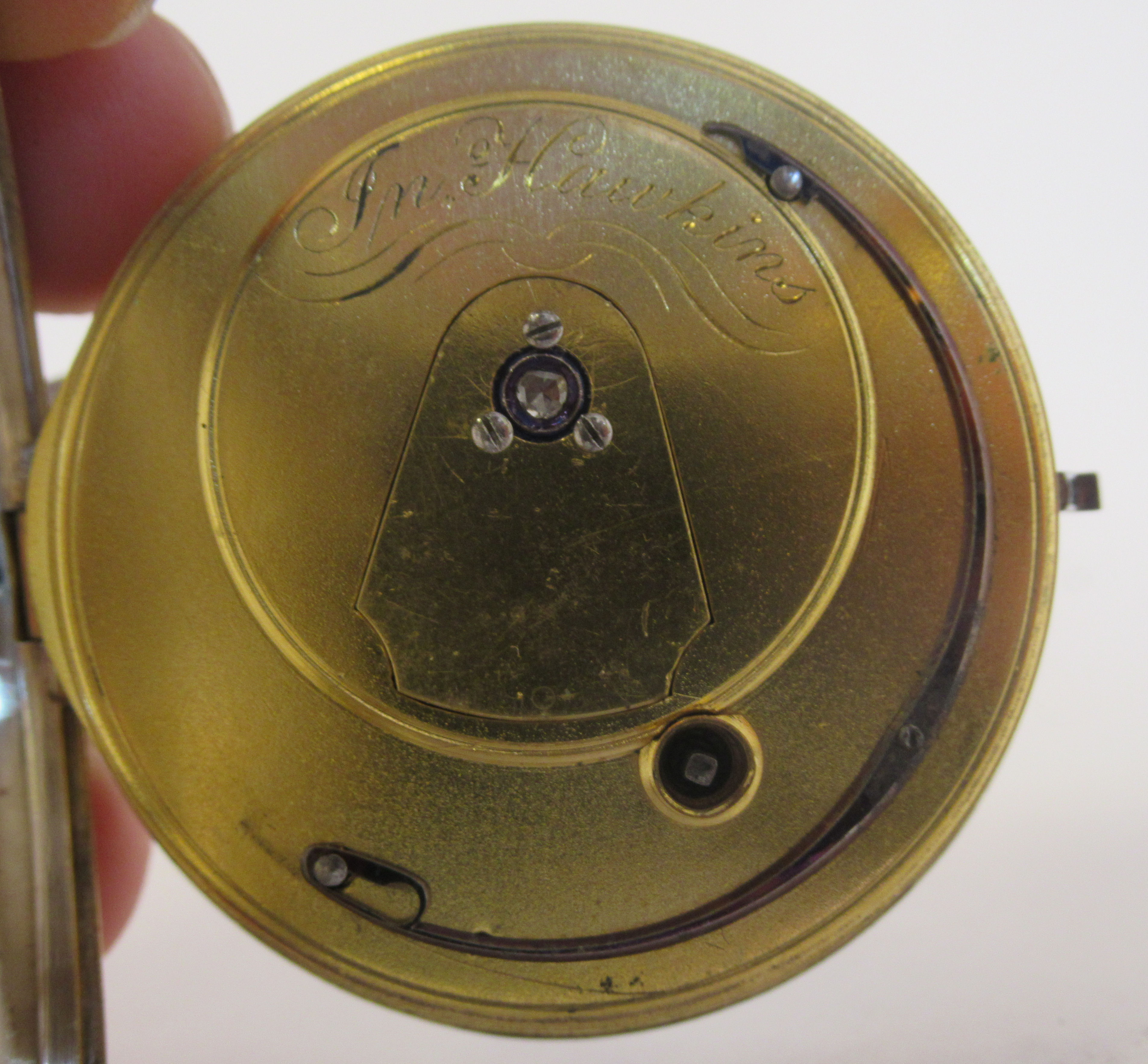 A 19thC silver cased pocket watch, faced by a convex white enamel dial, the numerals replaced by the - Image 4 of 8