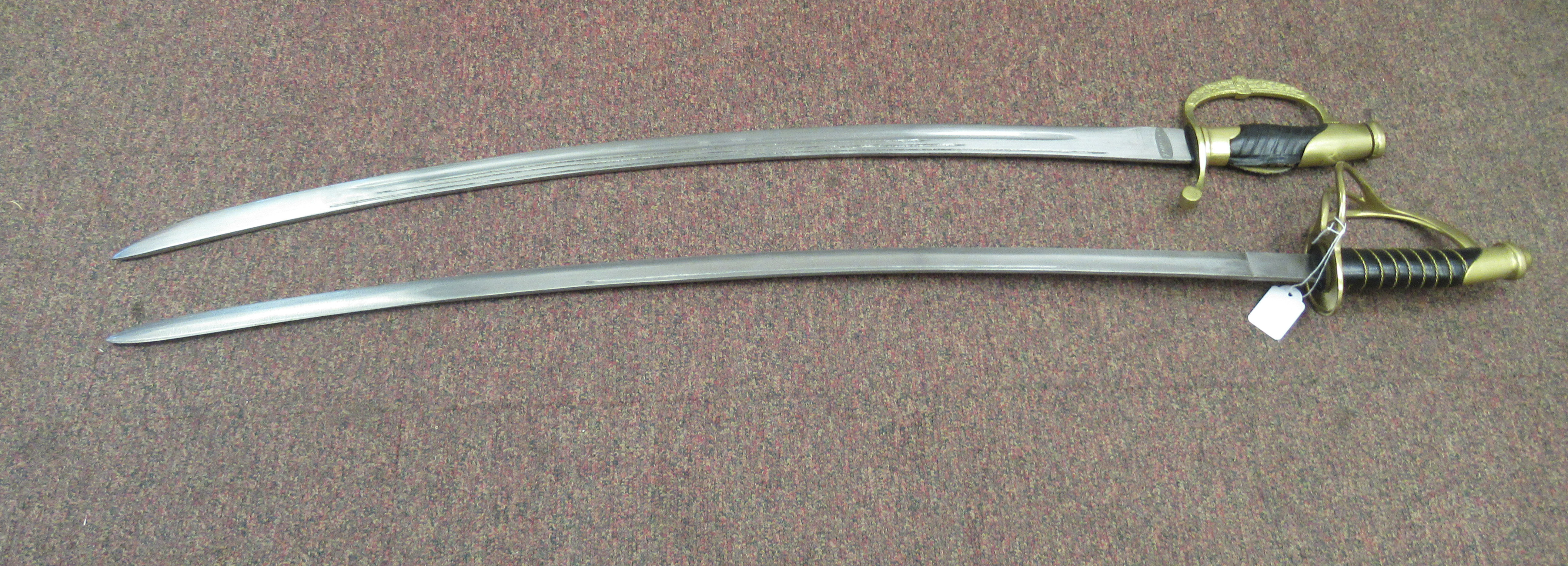 Two similar replica 18thC sabres with fabric covered handles, brass knuckle guards and hilts, the - Image 2 of 7