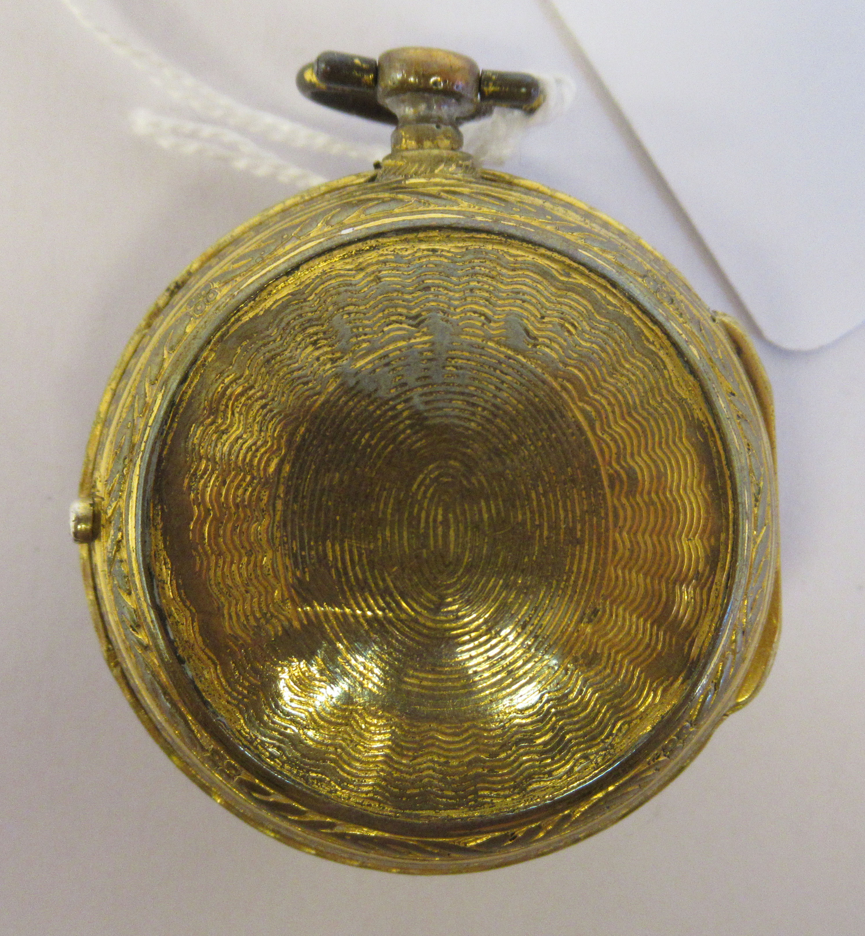 A lady's 19thC French gilt metal cased pocket watch with cast and engine turned decoration and a - Image 5 of 5