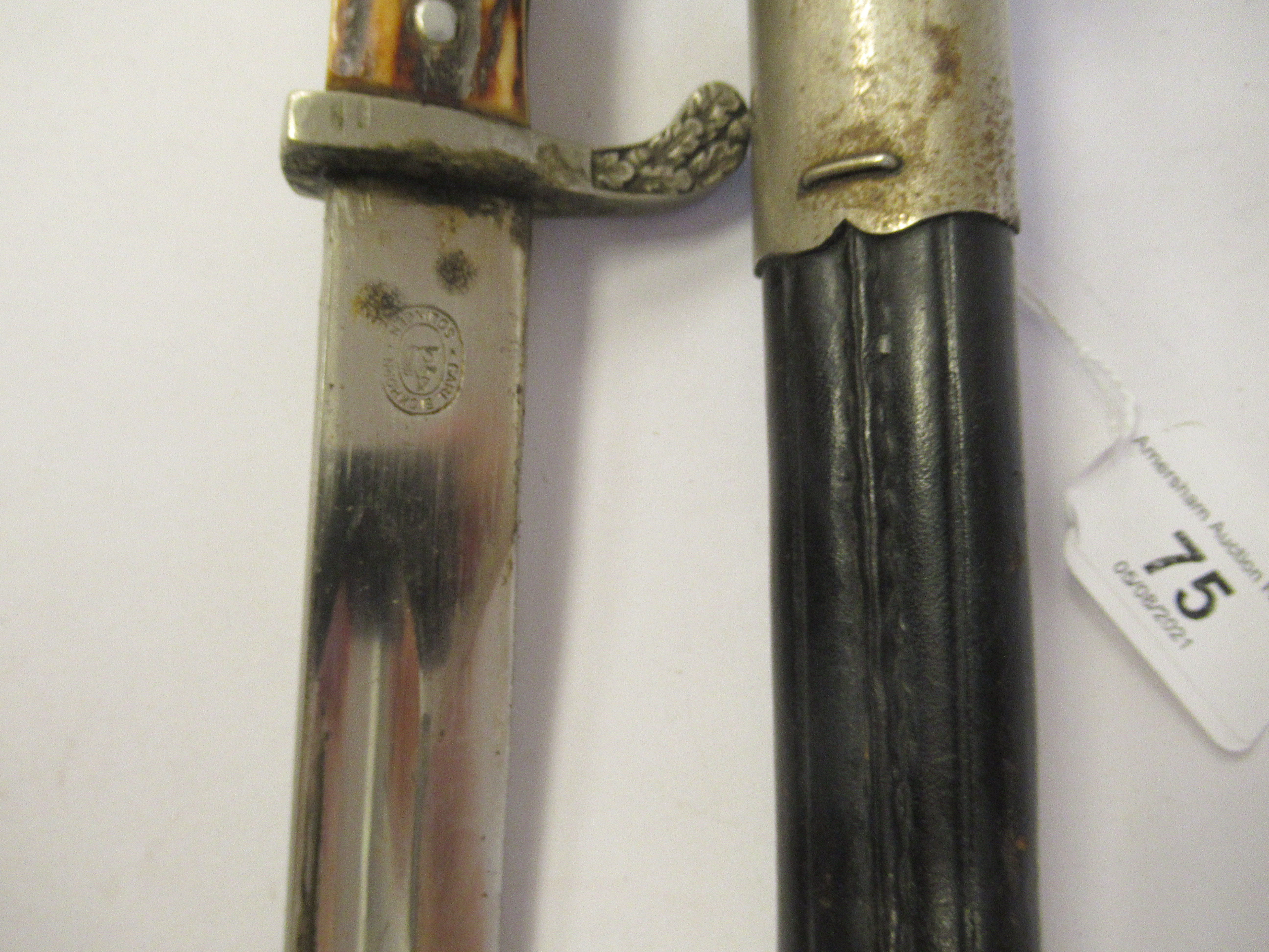 A German Third Reich police bayonet with an eagle's head pommel, over a rough-cut stag horn - Image 4 of 6