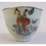 A 19thC Chinese porcelain footed wine cup, decorated in famille rose with figures and birds  1.75"h
