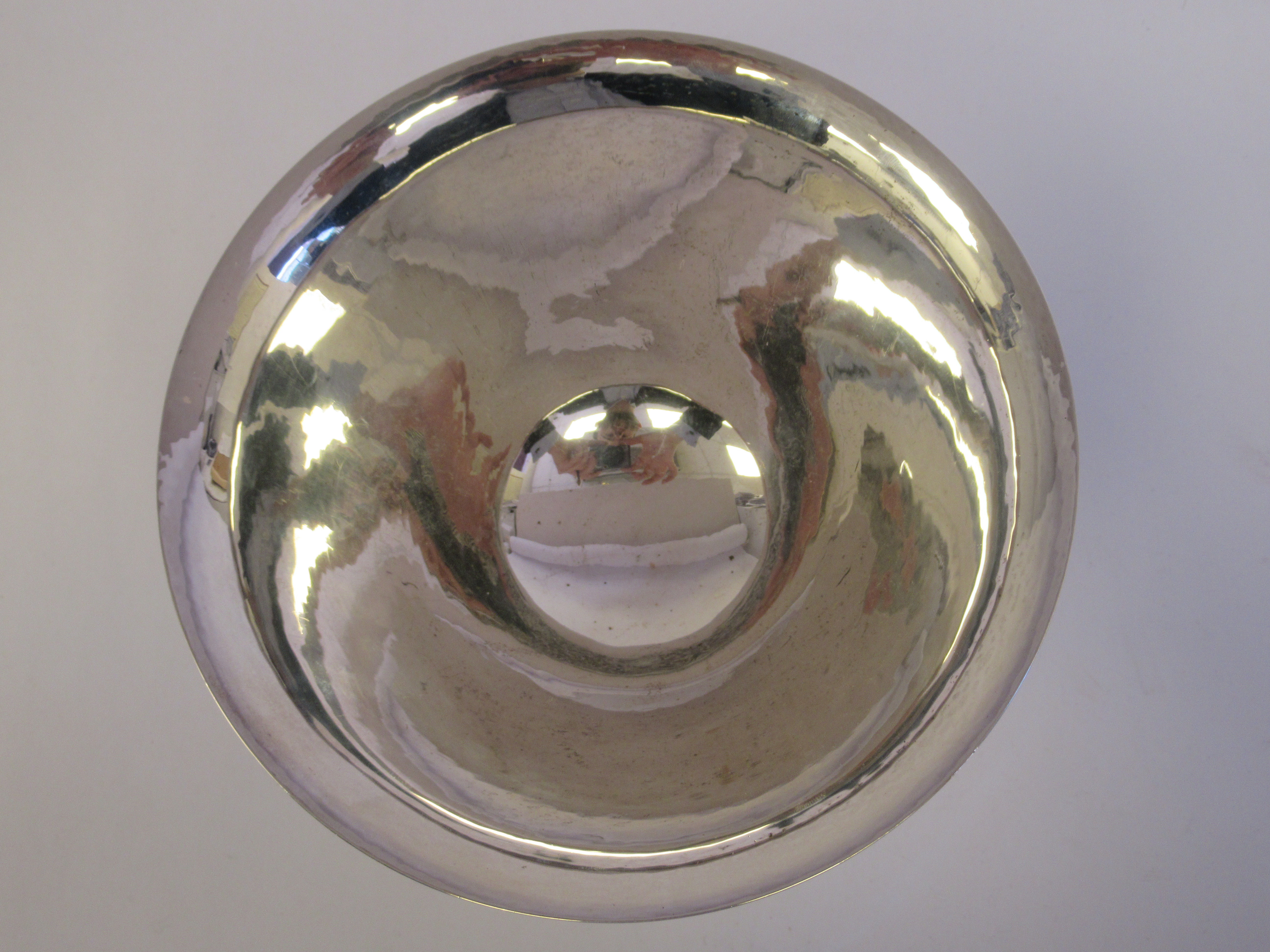 A 1950s Georg Jensen spot-hammered silver bowl, no.775, having wide, flared sides, elevated on short - Image 6 of 8