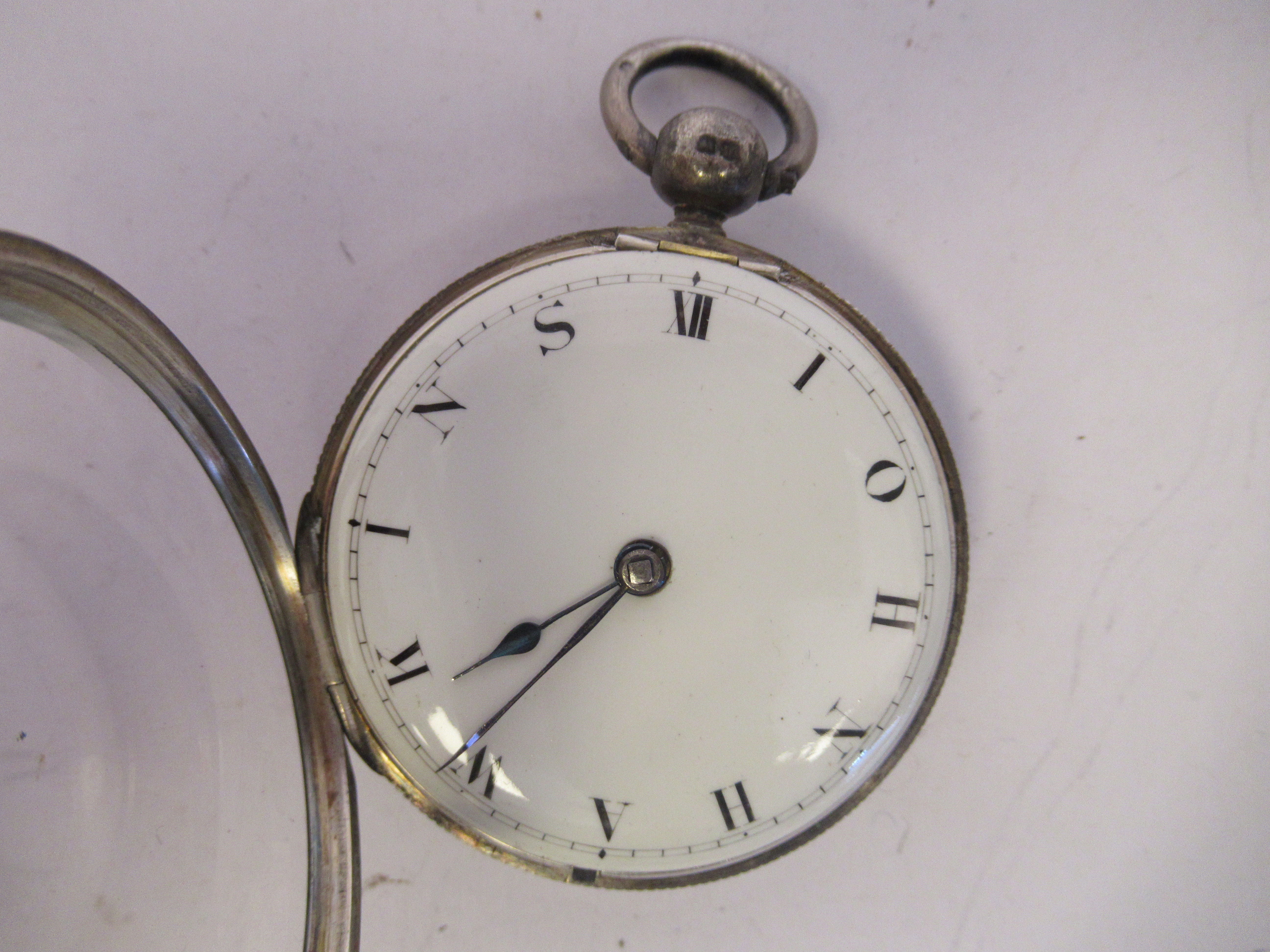 A 19thC silver cased pocket watch, faced by a convex white enamel dial, the numerals replaced by the - Image 2 of 8