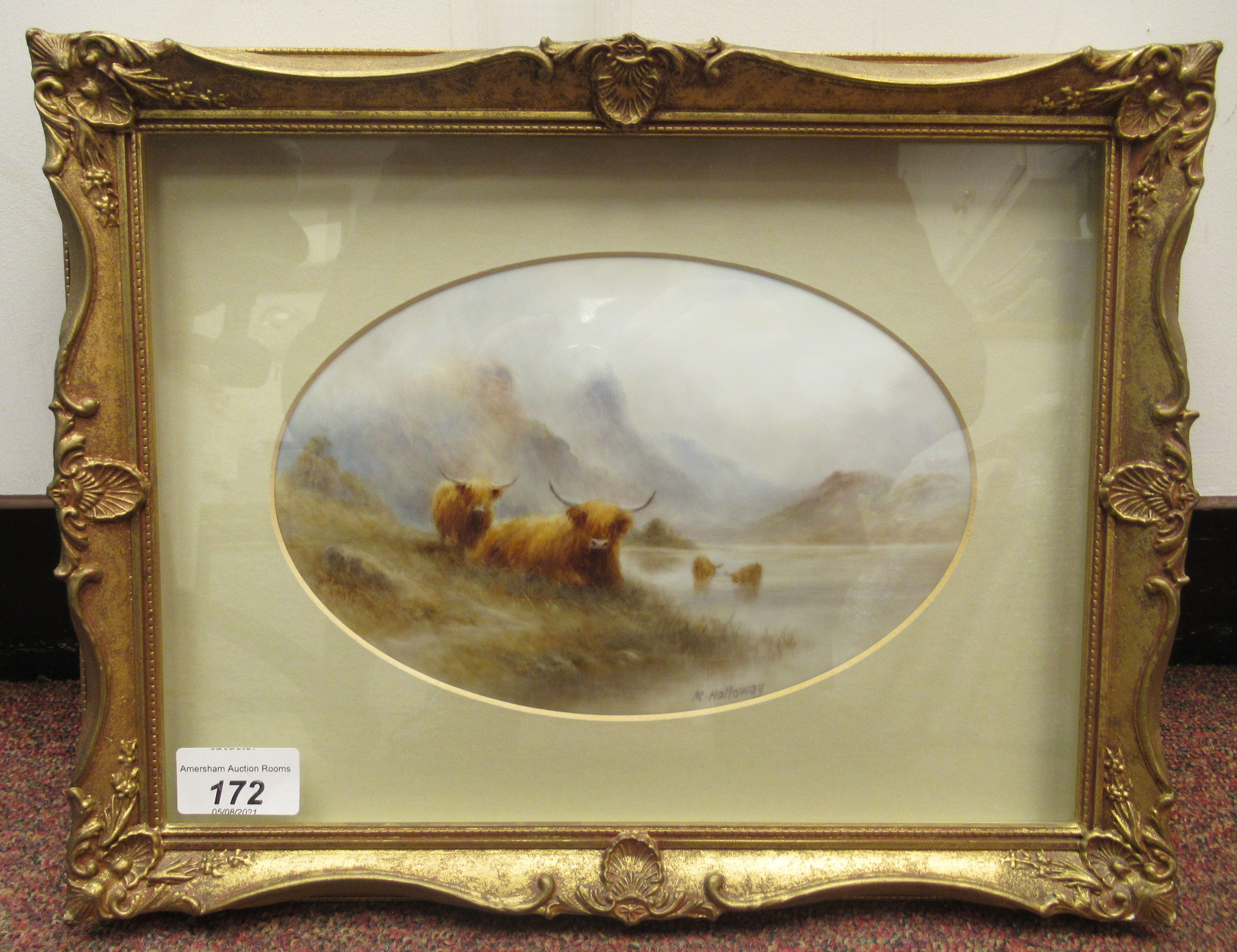 An oval convex porcelain plaque painted by Milwyn Holloway (formerly of Royal Worcester),