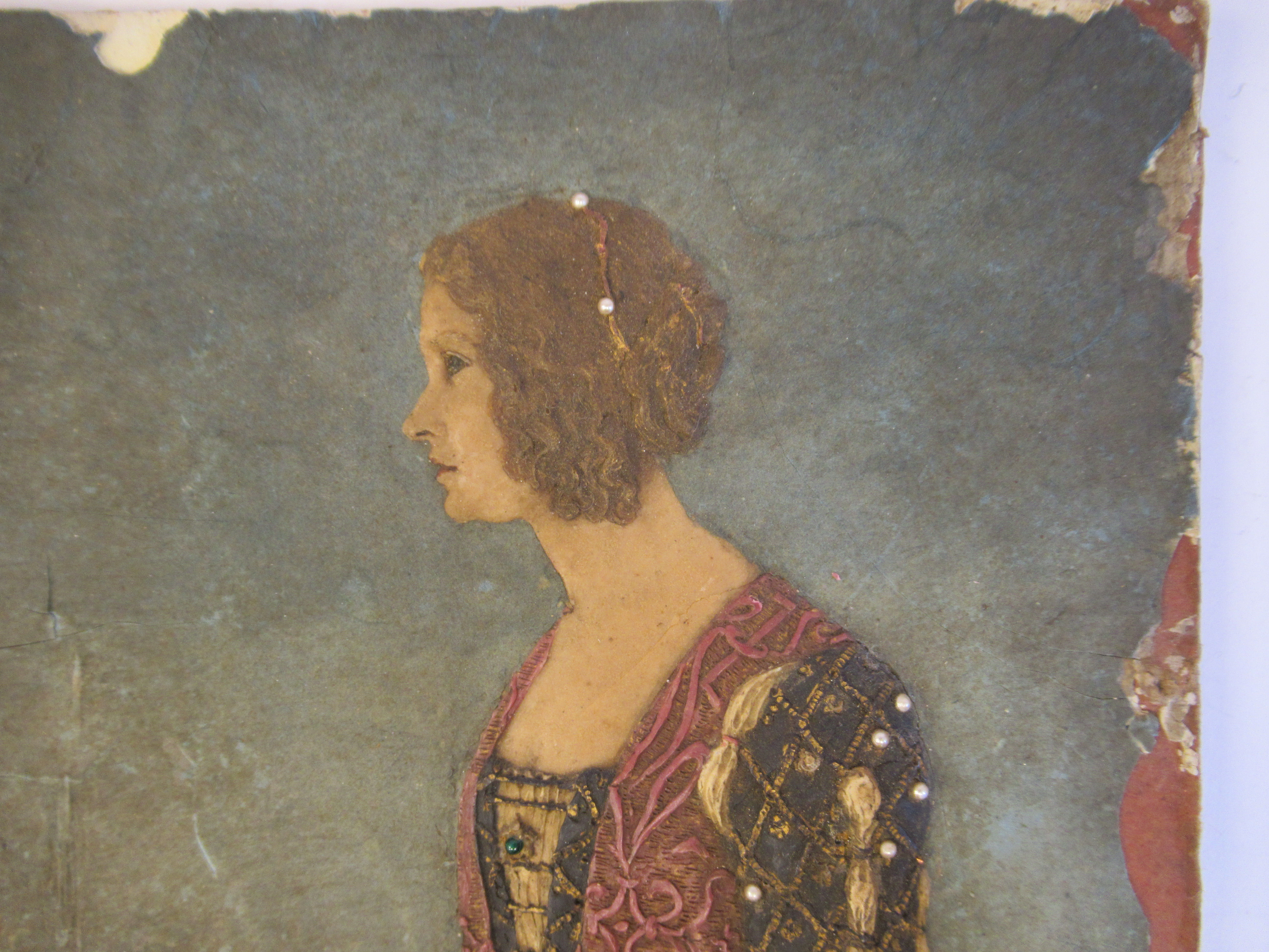 A late 19th/early 20thC three-quarter length profile study, depicting a young woman wearing Medieval - Image 5 of 6