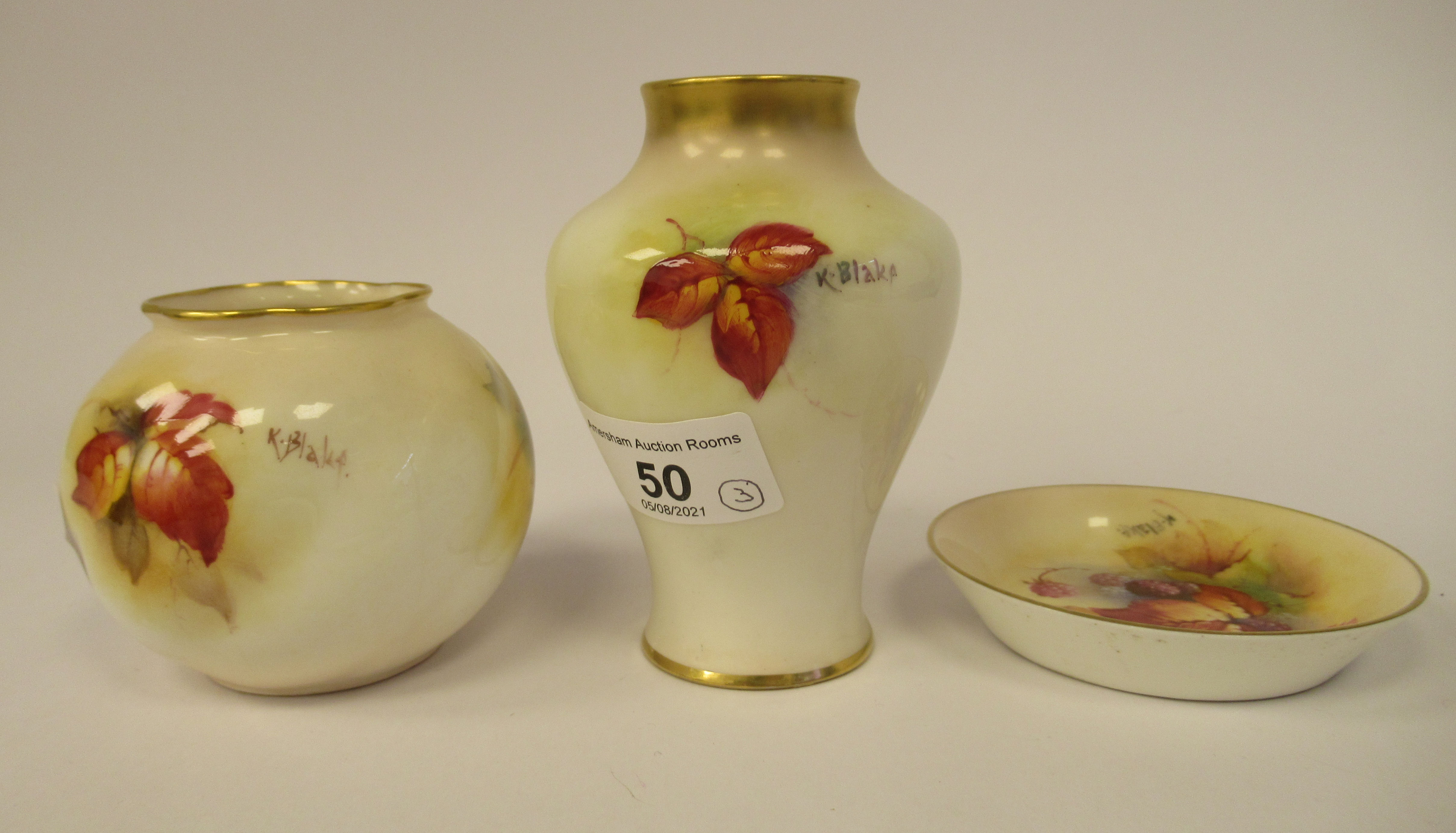 Three dissimilar pieces of Royal Worcester gilded, blush ivory glazed china, decorated by Kitty - Image 2 of 6