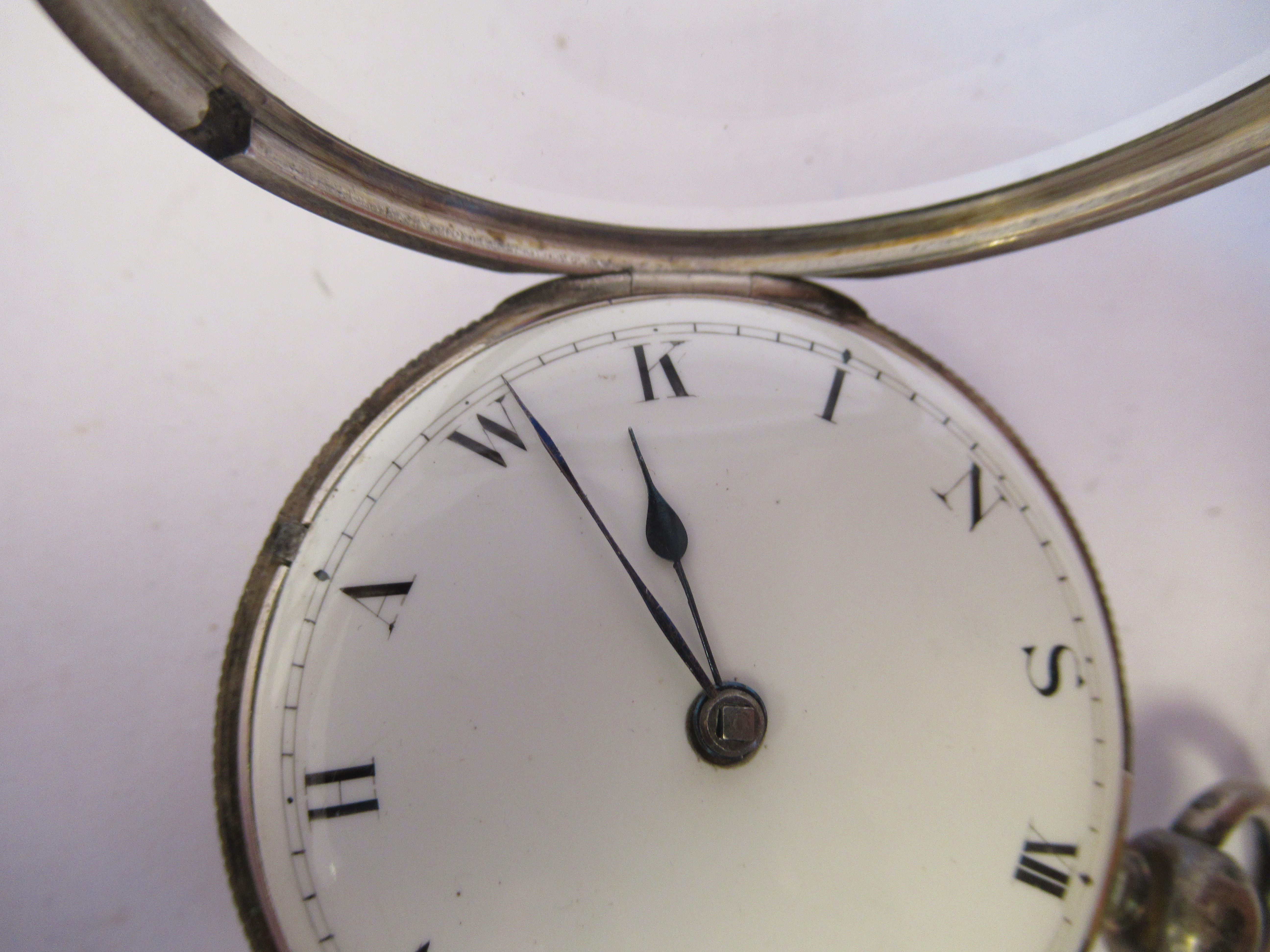 A 19thC silver cased pocket watch, faced by a convex white enamel dial, the numerals replaced by the - Image 3 of 8