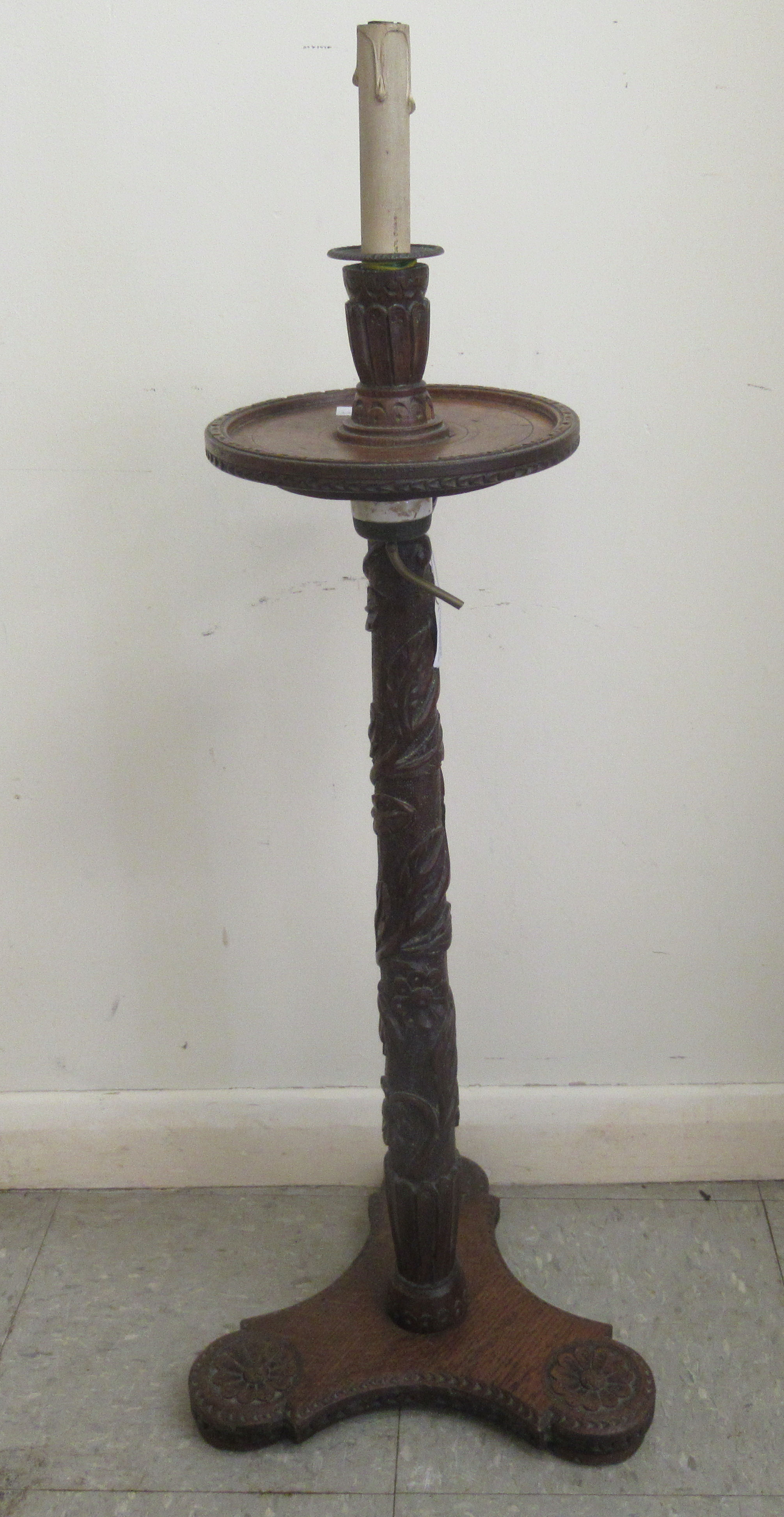 An early 19thC profusely foliate and rosette carved candlestand with a dished top and column, raised - Image 2 of 6