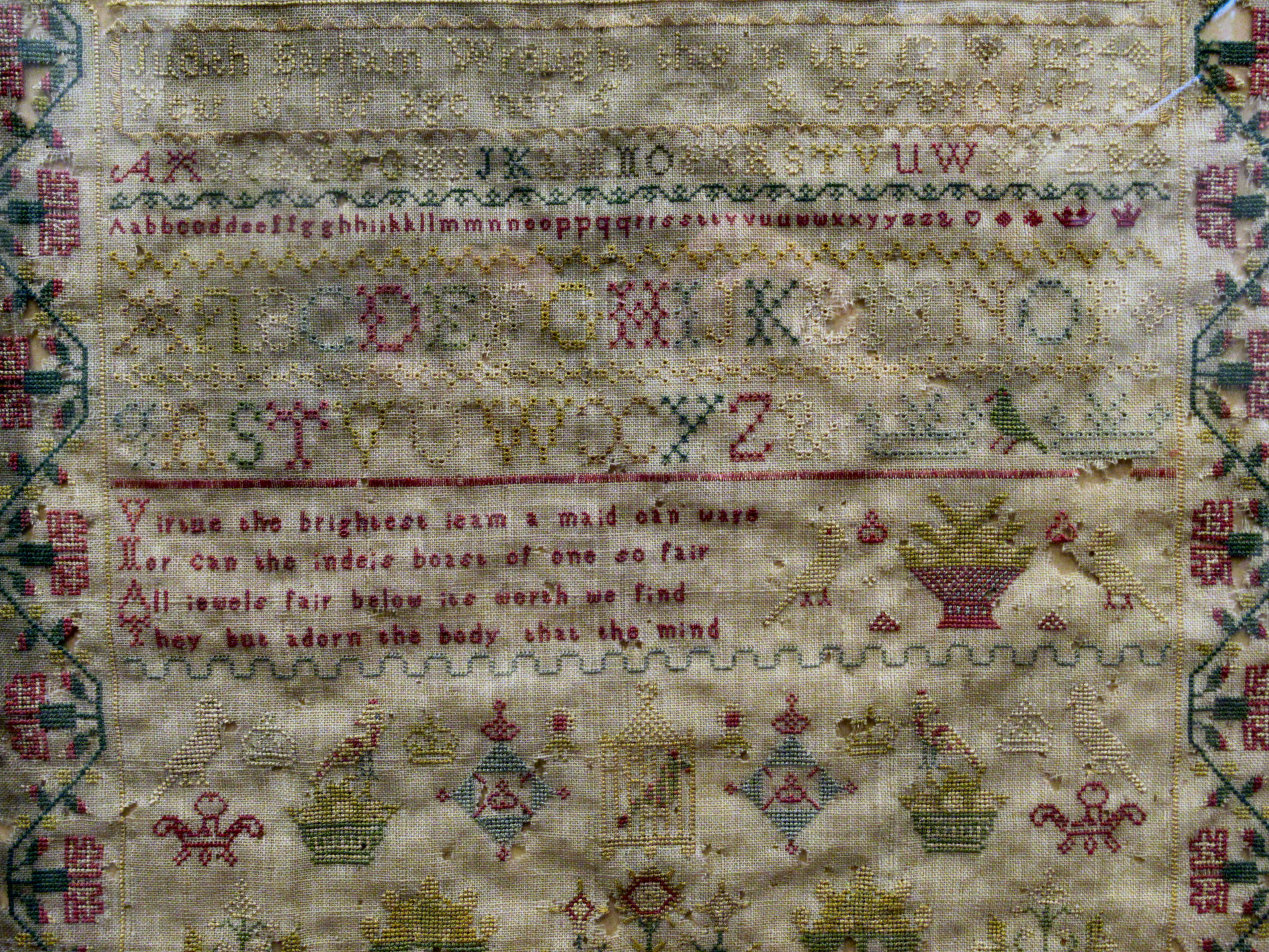 An early 19thC needlework sampler, the work of one Judith Barham, aged 12, featuring four lines of - Image 3 of 4