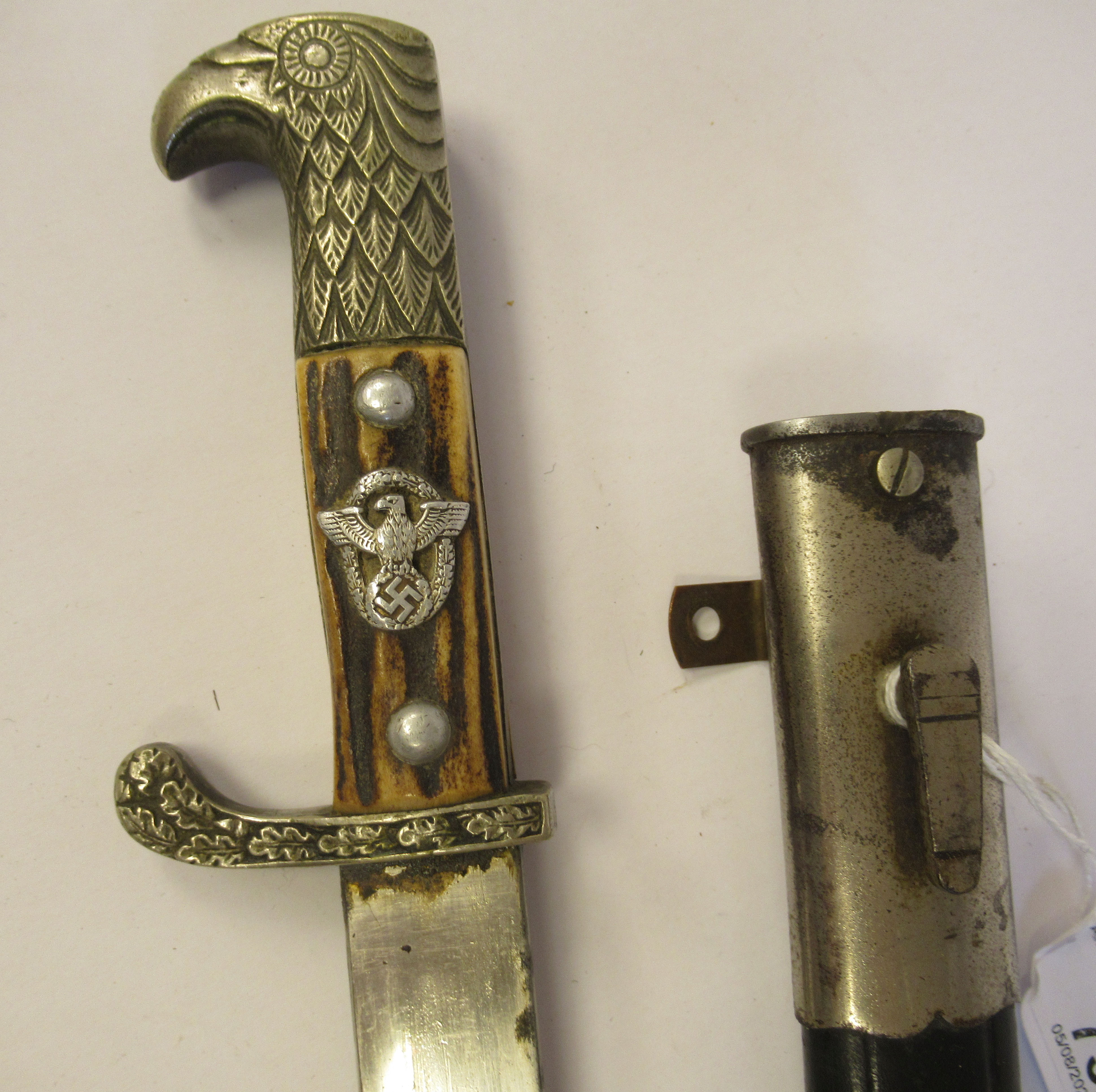 A German Third Reich police bayonet with an eagle's head pommel, over a rough-cut stag horn - Image 2 of 6