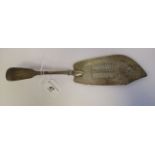 An early Victorian silver fiddle pattern fish slice with a line engraved and decoratively pierced,