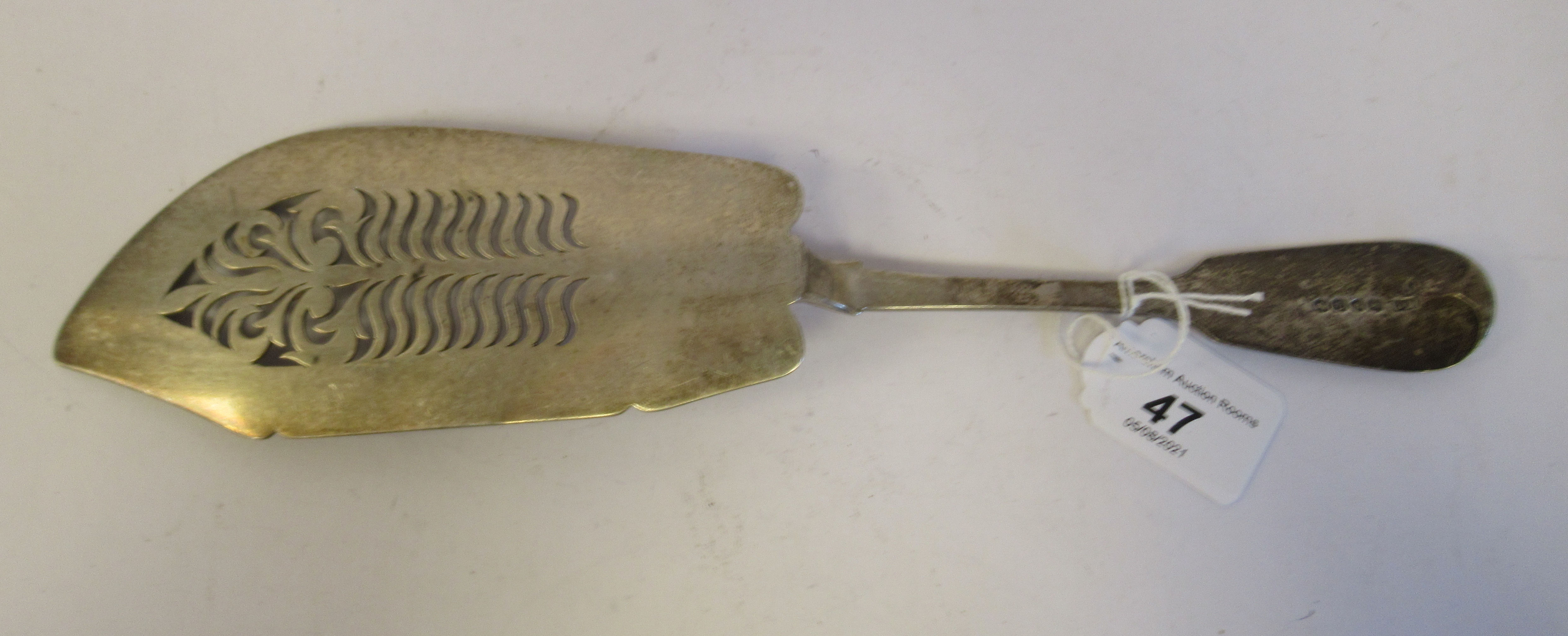 An early Victorian silver fiddle pattern fish slice with a line engraved and decoratively pierced, - Image 3 of 4