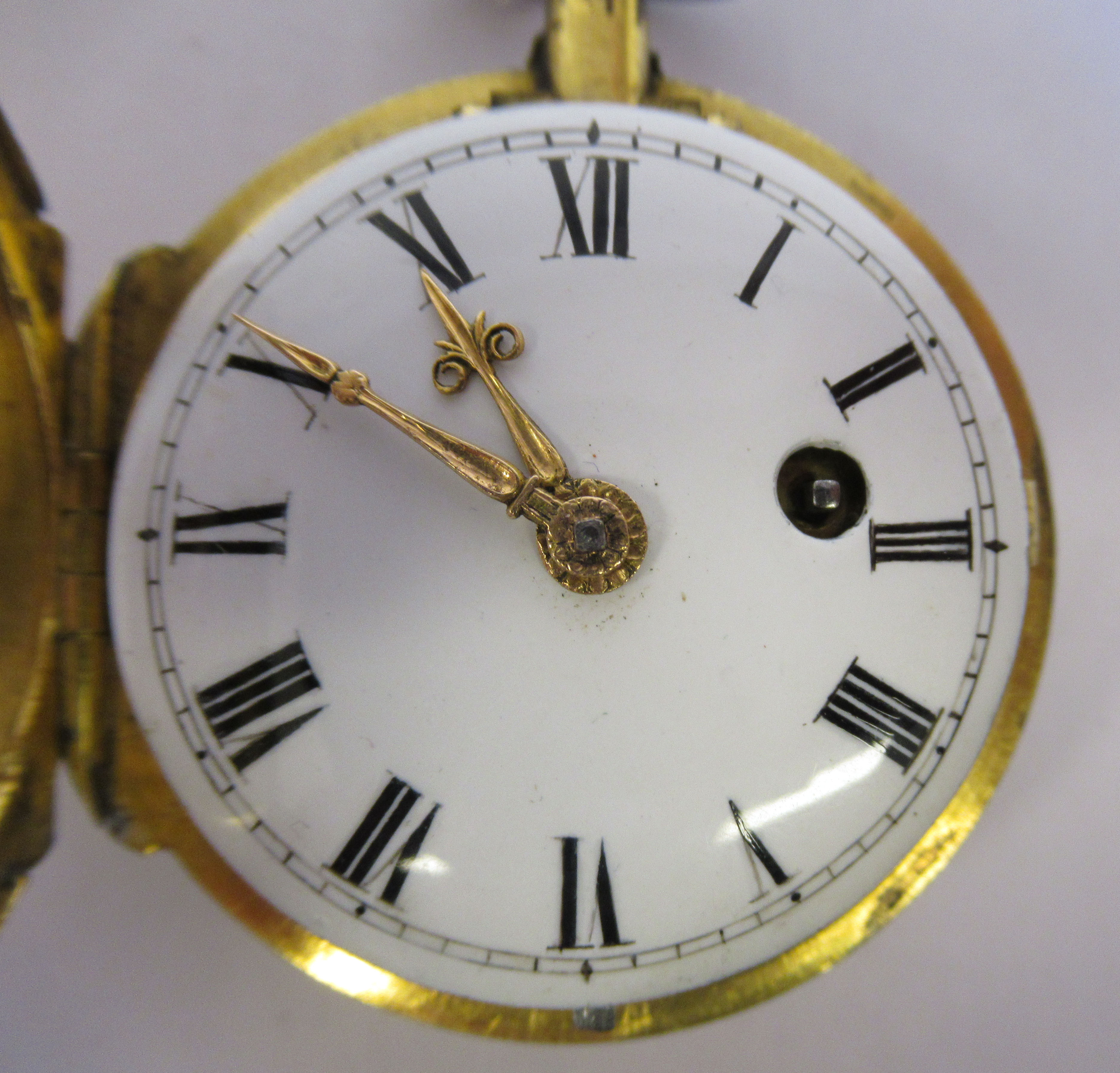 A lady's 19thC French gilt metal cased pocket watch with cast and engine turned decoration and a - Image 2 of 5