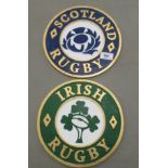 Two painted cast iron signs 'Irish Rugby' and 'Scottish Rugby'