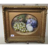 J Clapham - a still life study, soft fruit  watercolour  bears a signature  9" x 12" oval  framed