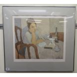 20thC British School - a woman, sitting, pondering at a table  Limited Edition coloured print 197/